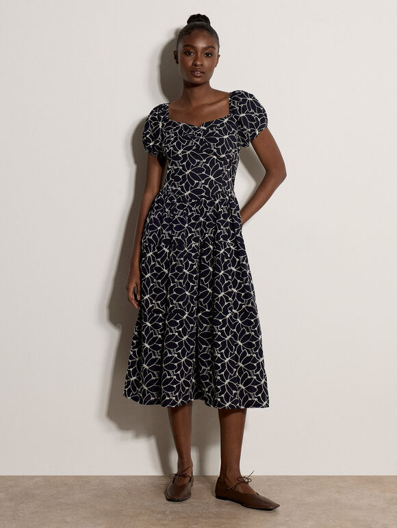 Floral Embroidered Tiered Midi Dress, Navy, large