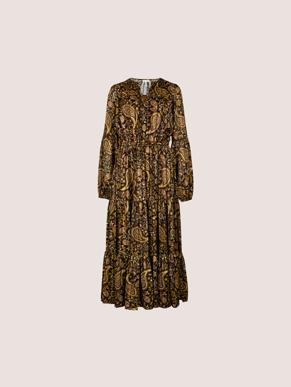 Satin Shimmer Paisley Midi Dress, Black, large