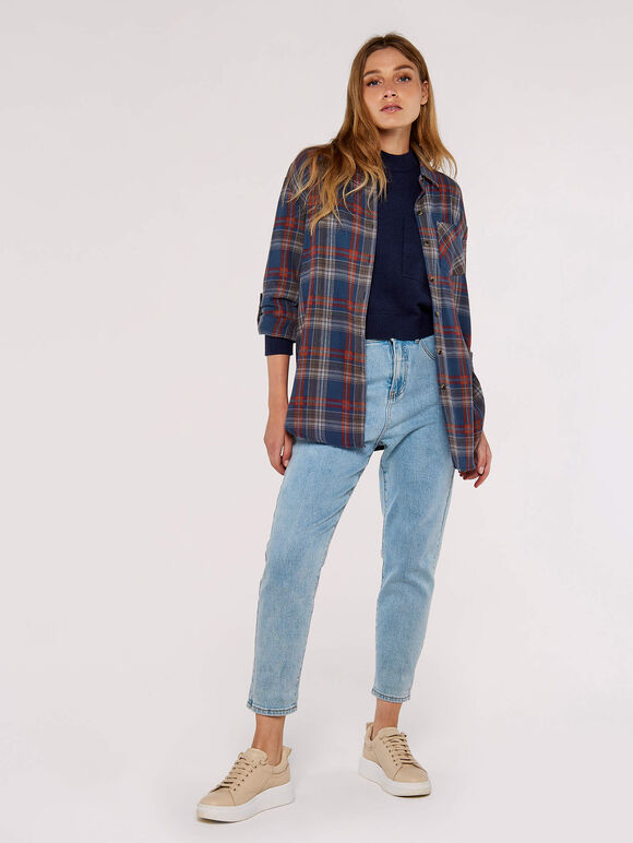 Checked Cotton Flannel Shirt, Blue, large