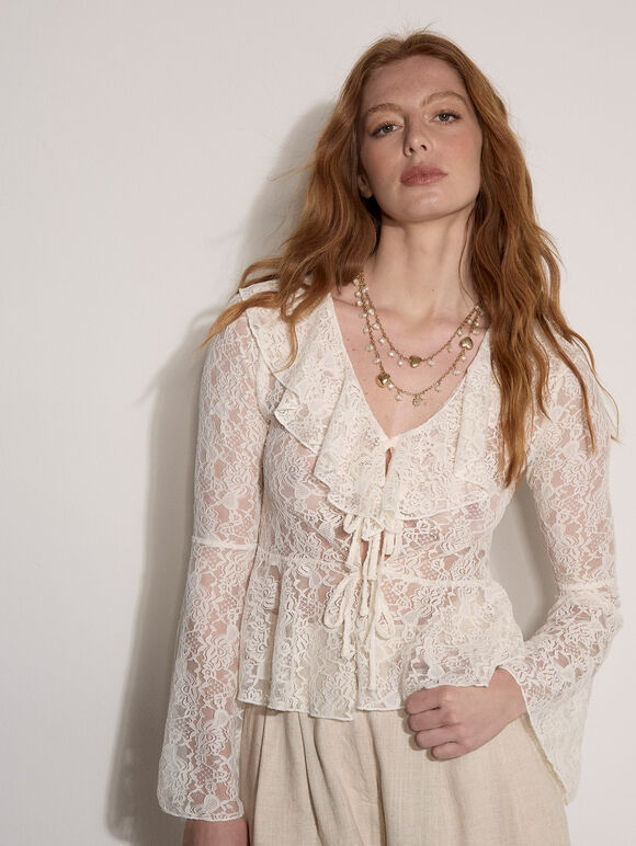 Lace Ruffle Cardigan, Cream, large