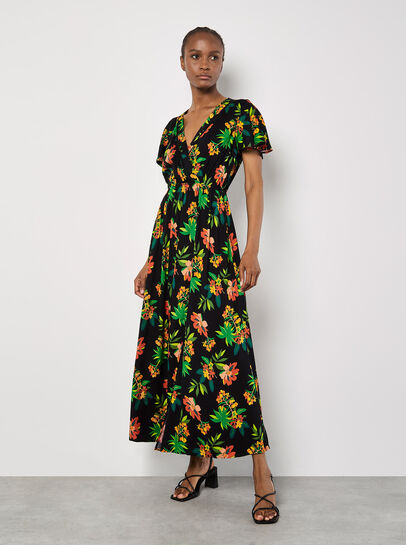Tropical Print Wrap Maxi Dress