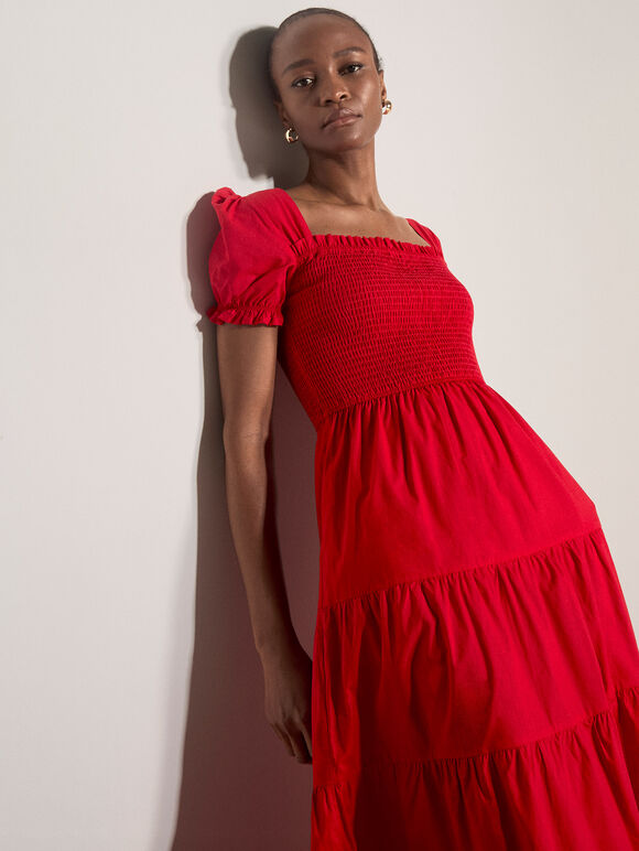 Cotton Tiered Milkmaid Midi Dress, Red, large