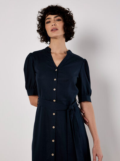 Button Down Linen Blend Midi Dress