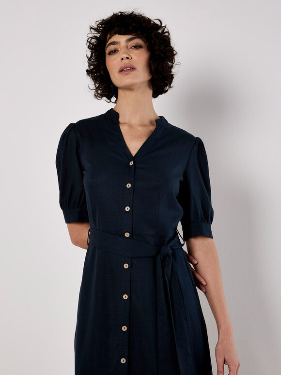 Button Down Linen Blend Midi Dress, Navy, large