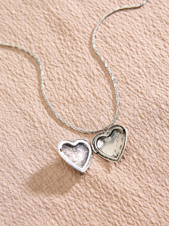 Silver Tone Floral Heart Necklace, Silver, large