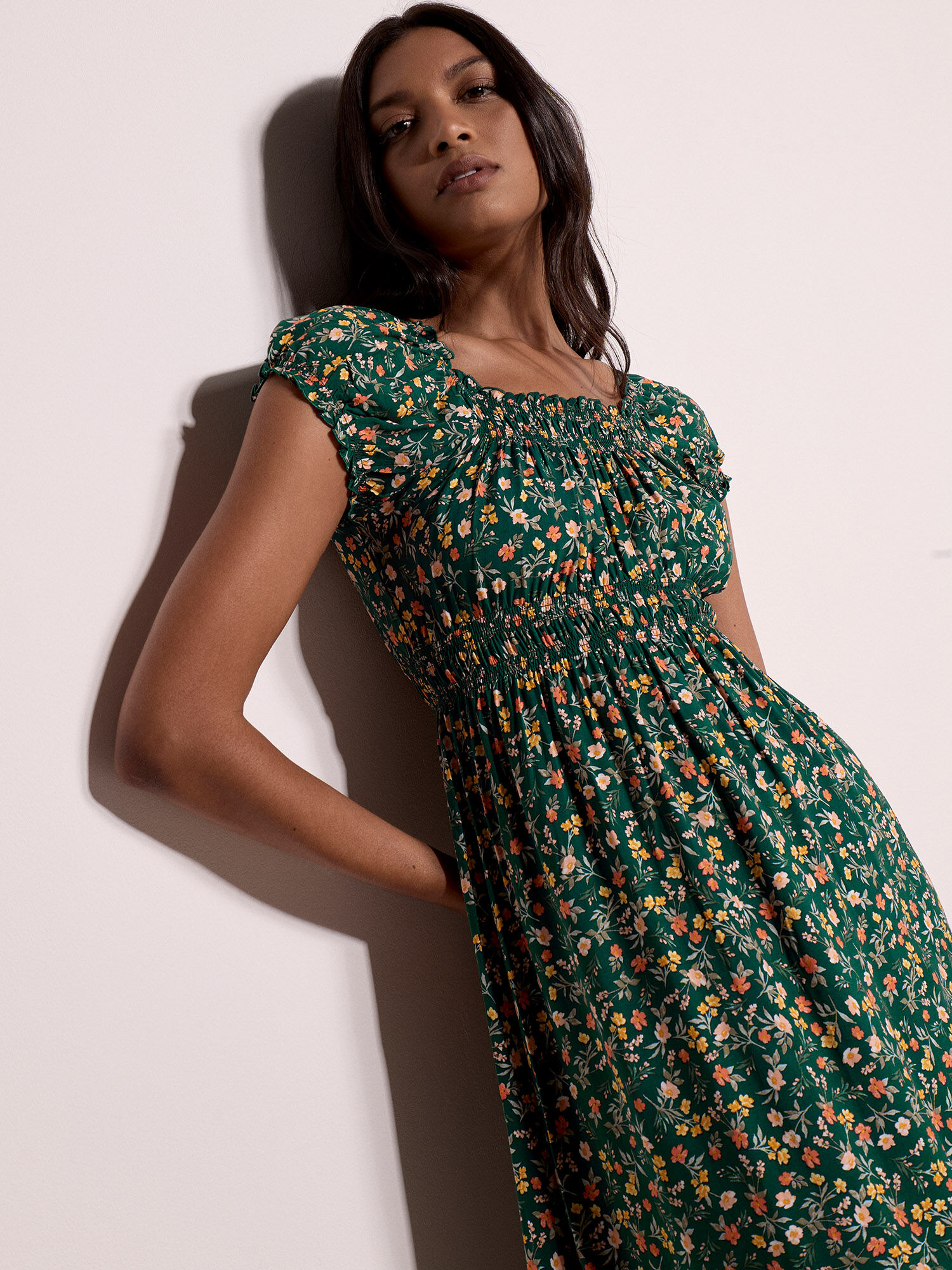 Garden Floral Milkmaid Midi Dress | Apricot Clothing