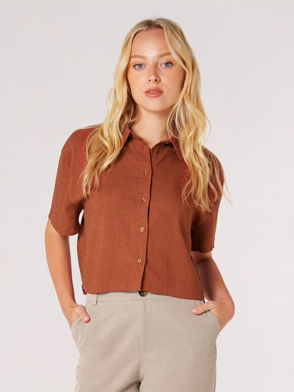 Linen Blend Boxy Shirt, Rust, large