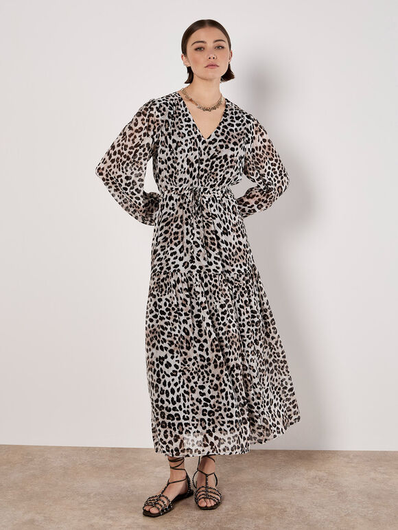Shimmer Leopard Chiffon Midi Dress, Stone, large
