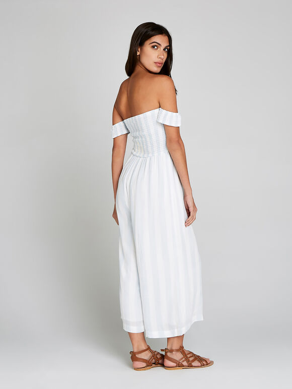 Stripe Bardot Smock Jumpsuit, Blue, large