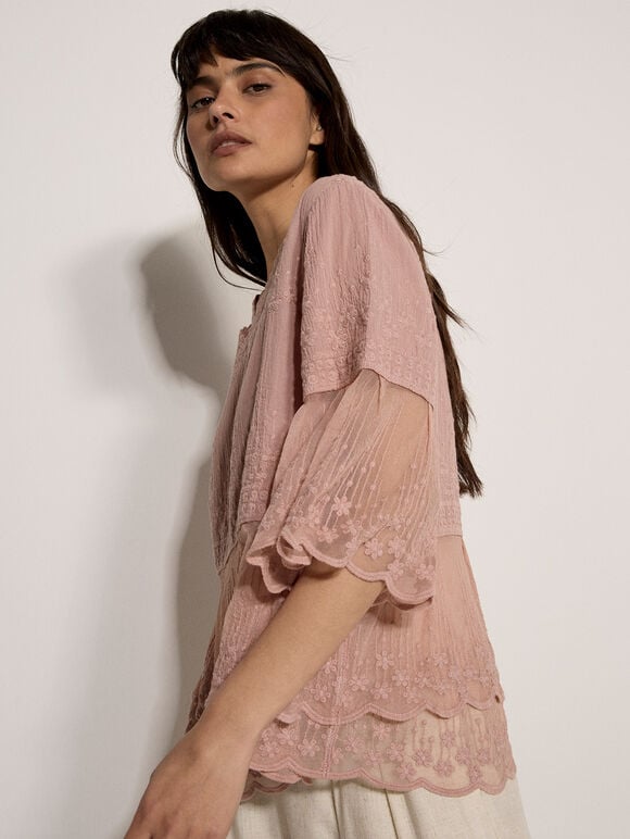 Embroidered Cotton Mesh Blouse, Pink, large