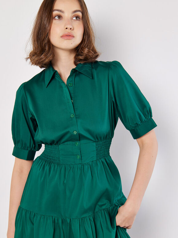 Smocked Waist Shirt Midaxi Dress, Green, large