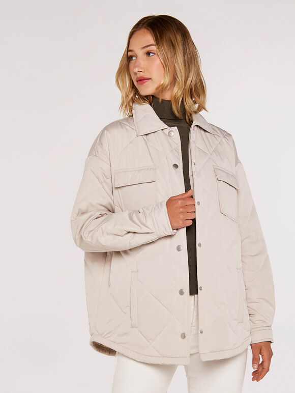 Collared Quilted Jacket, Stone, large