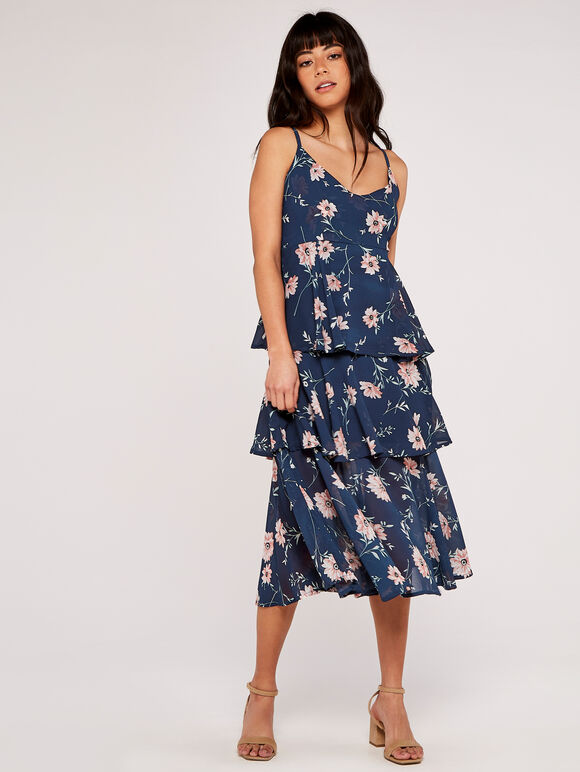 Floral Tiered Midi Dress, Navy, large