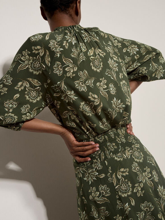 Folk Floral A-Line Midi Skirt, Green, large