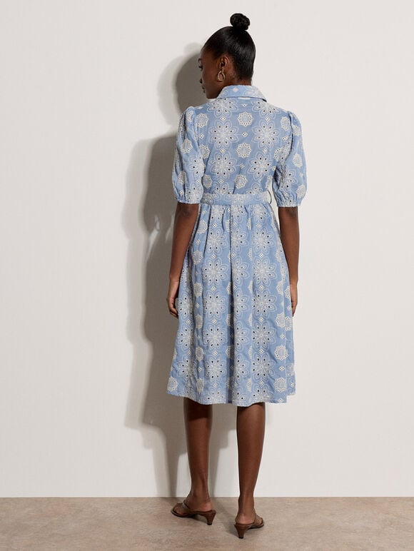 Broderie Anglaise Shirt Midi Dress, Blue, large