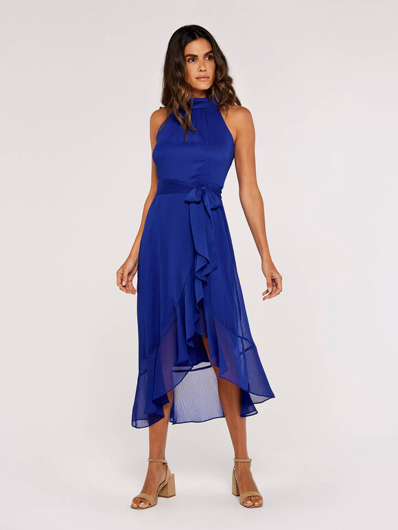 Halter Neck Ruffle Midi Dress, Blue, large