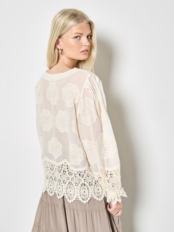 Embroidered Daisies Lace Blouse, Stone, large