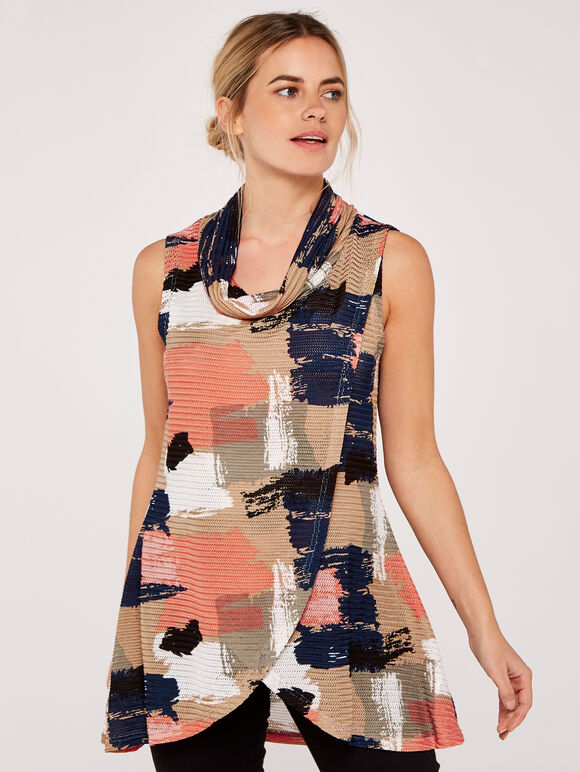 Paintsplash Cowl Neck Mesh Top, Coral, large
