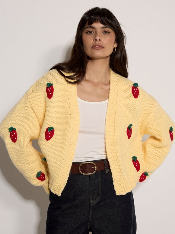 Chunky Knit Strawberry Cardigan, Yellow, large