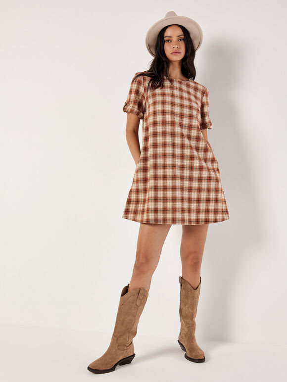 Check Print Swing Mini Dress, Rust, large