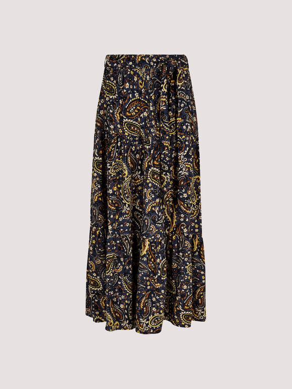 Paisley Tiered Midi Skirt, Navy, large