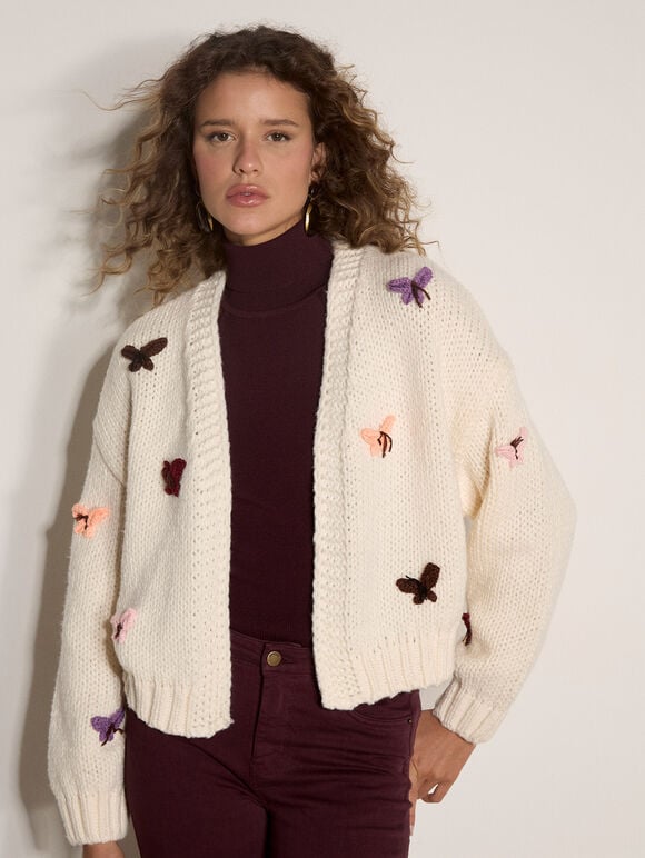 Chunky Knit Butterfly Applique Cardigan, Cream, large