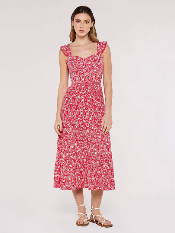 Ditsy Floral Tiered Midi Dress , Red, large