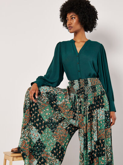 Floral Patchwork Crinkle Wide-Leg Trousers