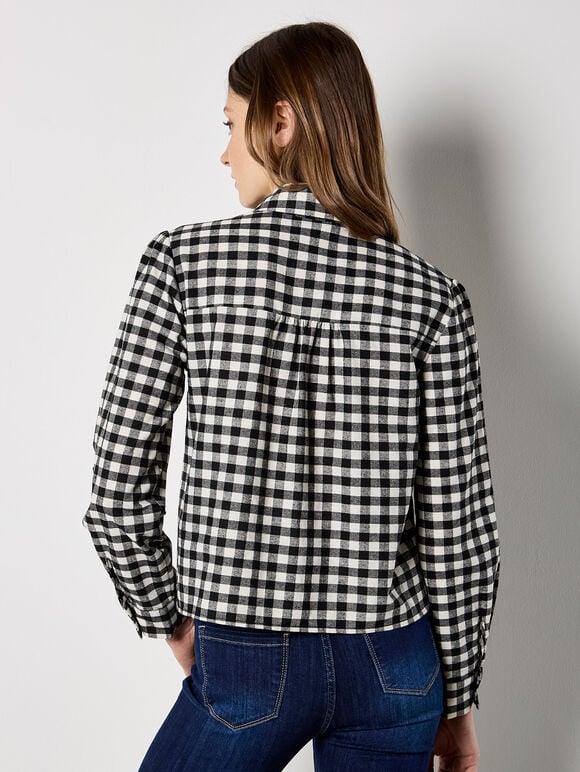 Gingham Embroidered Hem Shirt, Black, large