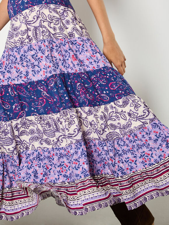 Patchwork Print Tiered Maxi Skirt, Purple, large