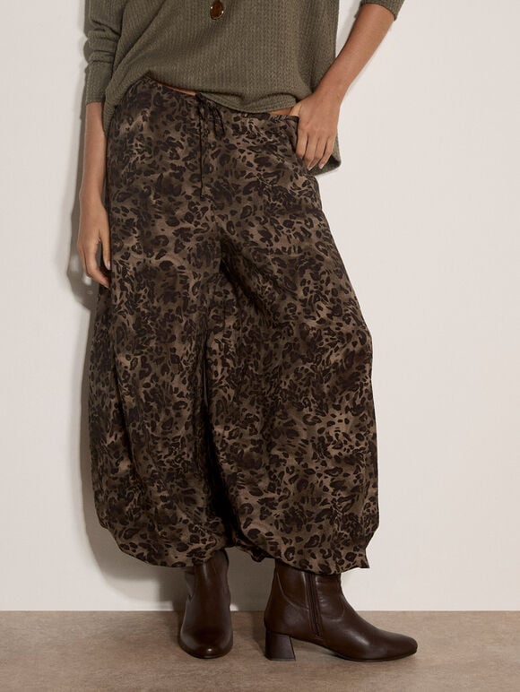 Leopard Print Wide-Leg Woven Trousers, Khaki, large