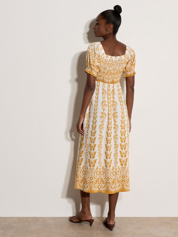 Butterfly Border Print Midi Dress, Mustard, large