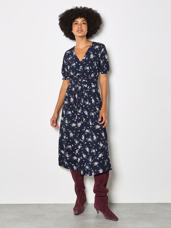 Floral Print Midi Dress, Navy, large