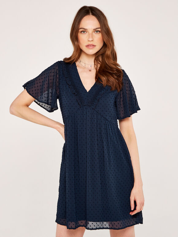 Sheer Dobby Ruffle Dress, Navy, large
