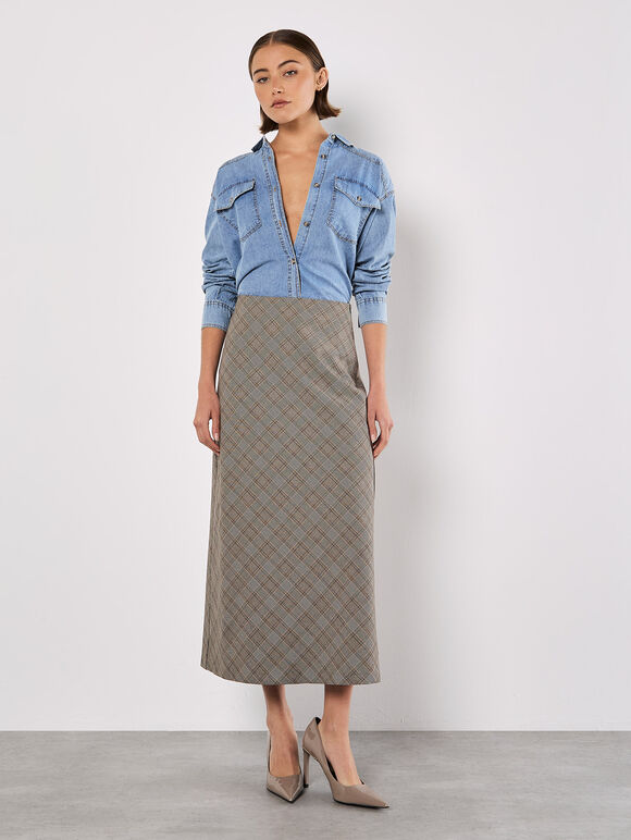 Heritage Check Bias Maxi Skirt, Grey, large