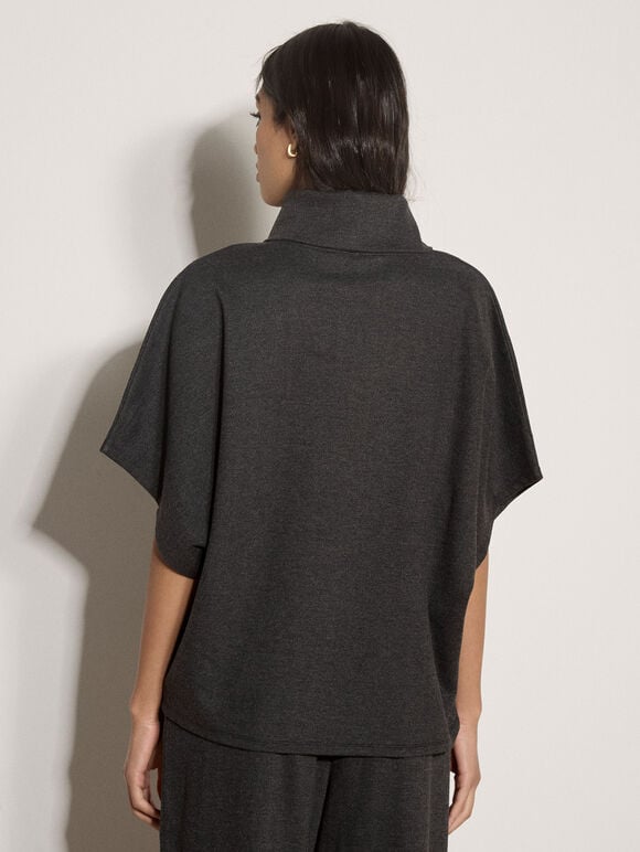 Herringbone Roll Neck Batwing Top, Dark Grey/Charcoal, large