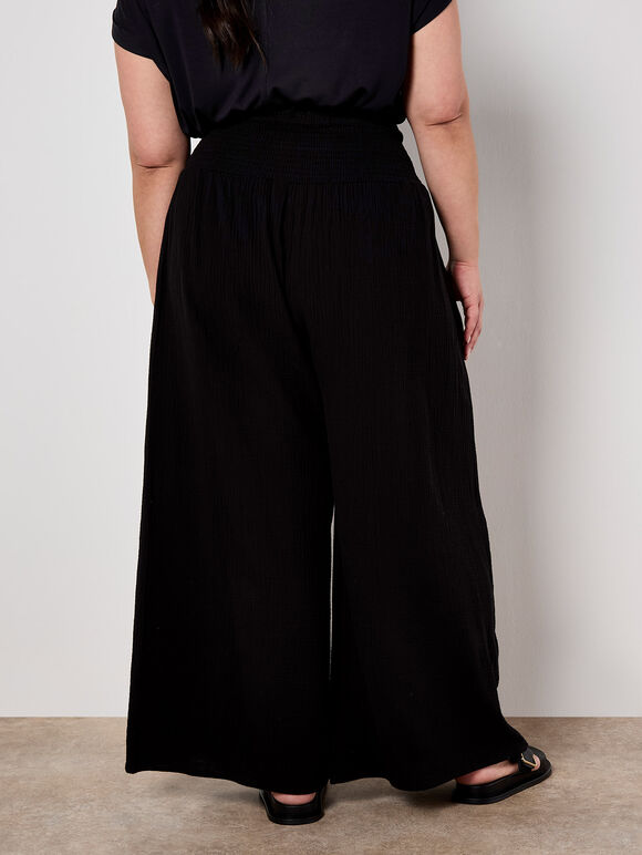 Smocked Waistband Palazzo Trousers, Black, large