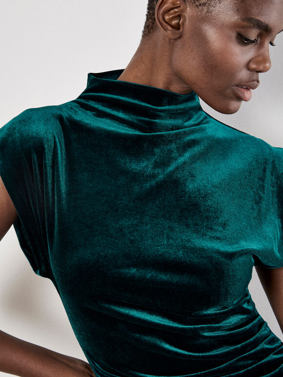 Ruched Velvet Bodycon Mini Dress, Green, large