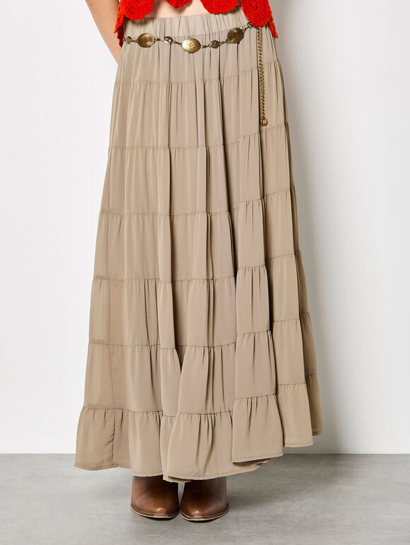 Chiffon Tiered Maxi Skirt, Stone, large