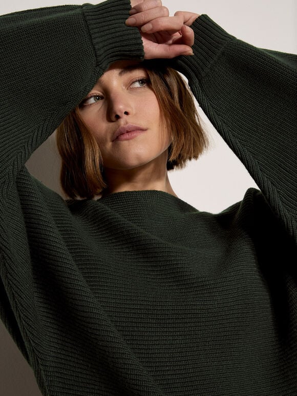 Ribbed Knit Batwing Jumper, Green, large
