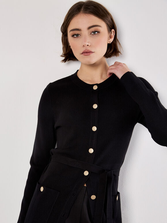 Ribbed Knit Button-Down Mini Dress, Black, large
