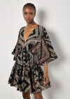 Satin Scarf Print Kaftan Mini Dress, Black, large