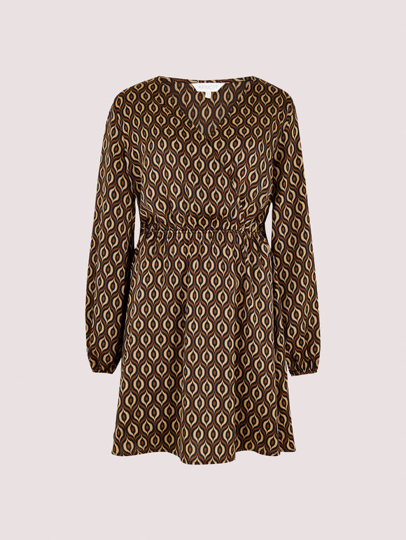 Geometric Satin Wrap Mini Dress, Brown, large