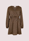 Geometric Satin Wrap Mini Dress, Brown, large