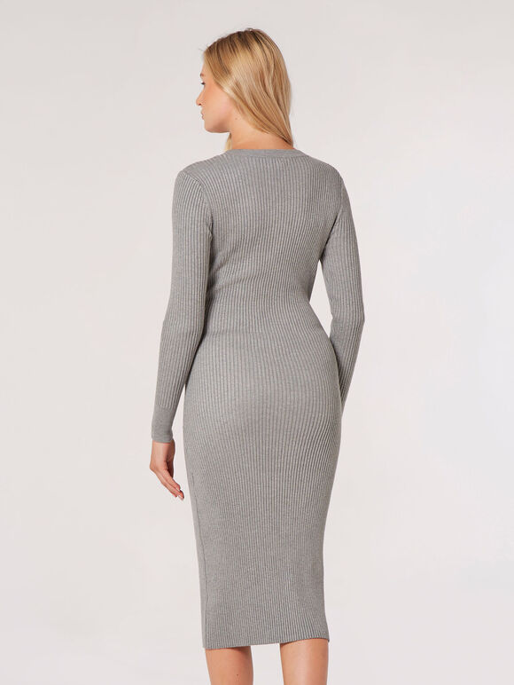 Ribbed Knit Bodycon Midi Dress, Grey, large