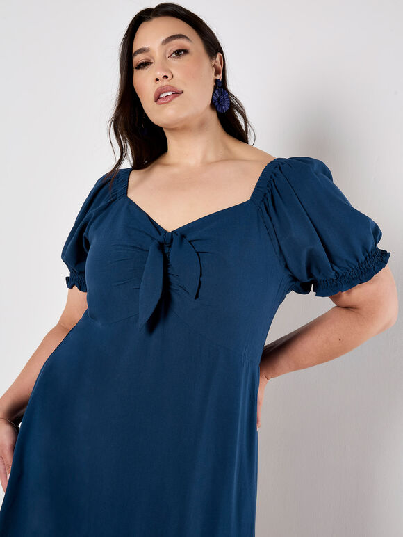 Tie Detail Milkmaid Midaxi Dress, Navy, large