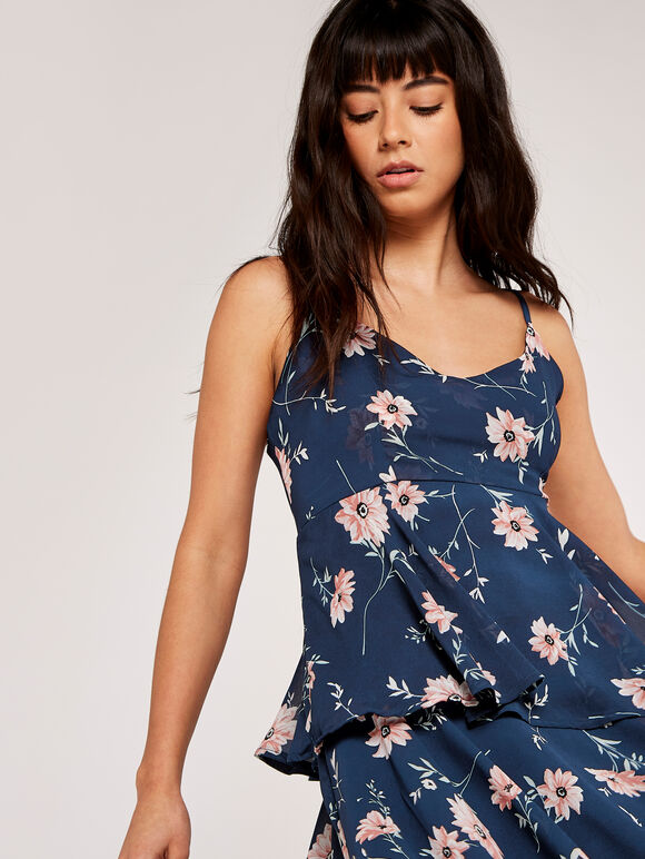Floral Tiered Midi Dress, Navy, large