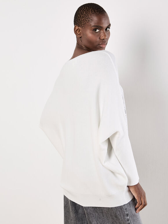 Stud Star Batwing Tunic Jumper, White, large