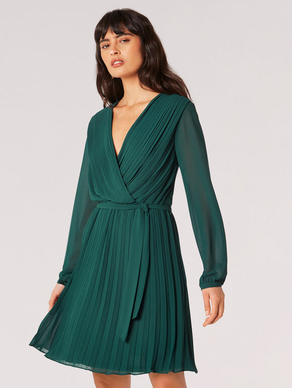 Mini-robe portefeuille plissée en mousseline de soie, Vert, grand