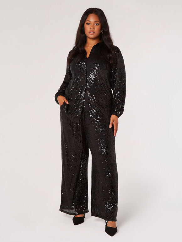 Curve Sequin Palazzo Trousers, Black, large